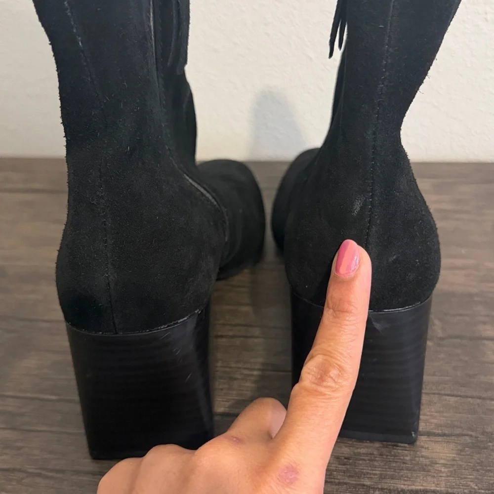 AQUA COLLEGE Waterproof Padded Tora Square Toe Stacked Heel Zip-Up Suede Booties
